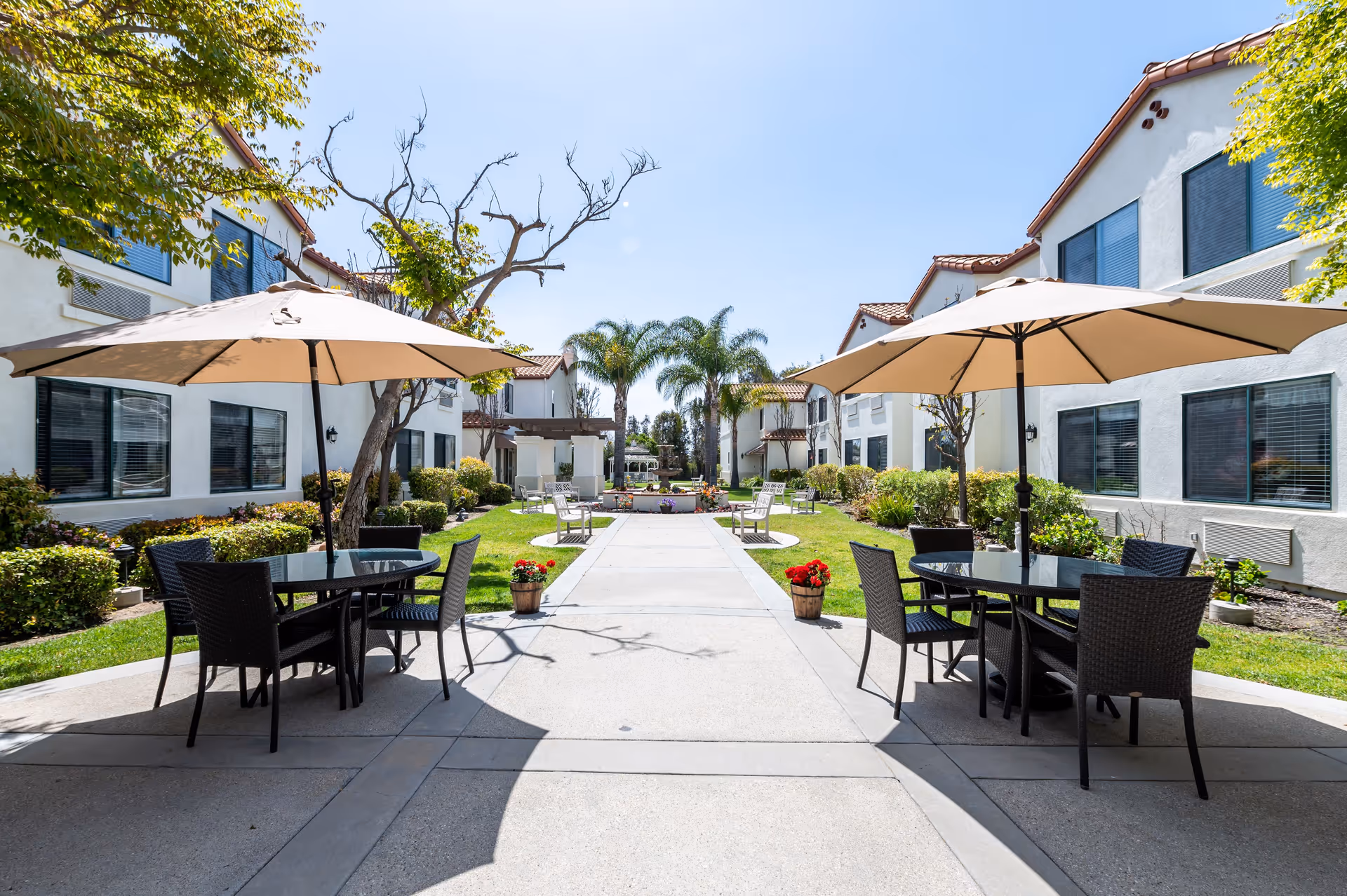 Outdoor courtyard area at Aegis Living Ventura with two round glass tables each shaded by large beige umbrellas and surrounded by black wicker chairs. The courtyard is flanked by white buildings with red tile roofs, green bushes, and palm trees under a clear blue sky.