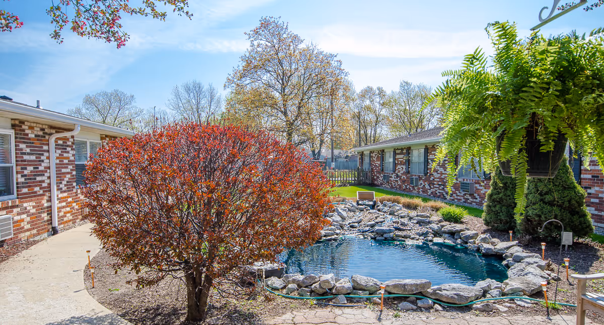 Outdoor courtyard area with a small pond surrounded by rocks, a red-leaved bush in the foreground, brick buildings on either side, and a hanging green fern plant on the right side under a clear blue sky.