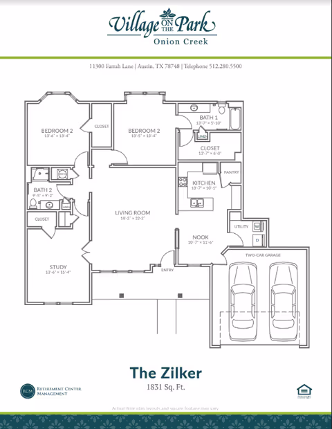 Floor plan layout of The Zilker unit at The Village On The Park Onion Creek, showing two bedrooms, two bathrooms, a study, living room, kitchen, nook, utility room, and a two-car garage.