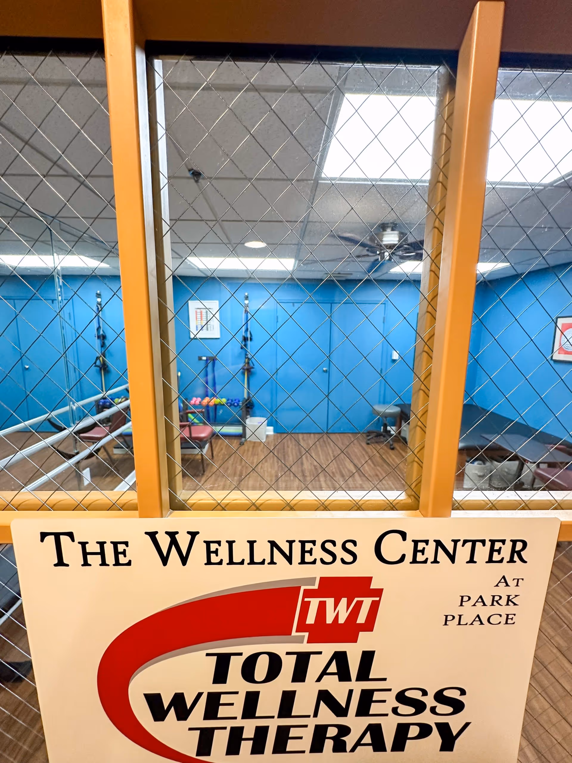 View through a wire-reinforced glass window into a wellness center room with blue walls, wooden floor, exercise equipment, and therapy tables. A sign on the window reads 'The Wellness Center at Park Place, Total Wellness Therapy'.