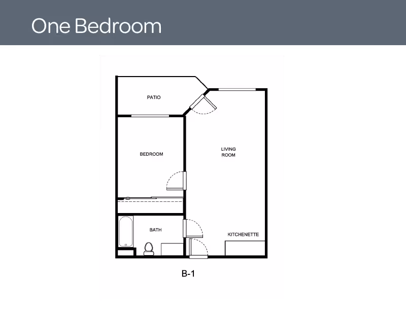Floor plan of a one-bedroom apartment at Asher Point Independent Living of Montgomery, showing a patio, bedroom, living room, kitchenette, and bathroom.