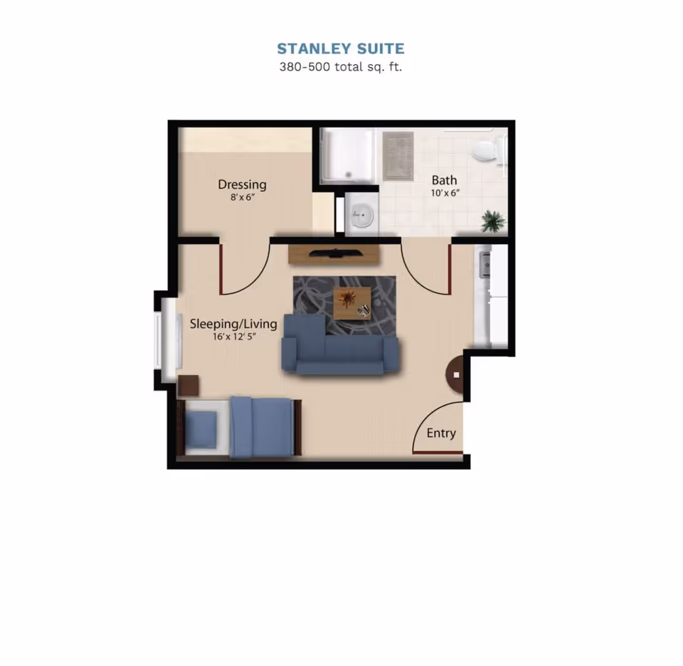 Floor plan of the Stanley Suite at Vintage Park at Stanley, showing a layout with a dressing area (8x6 feet), a bath (10x6 feet), and a combined sleeping/living area (16x12 feet 5 inches) with a bed, sofa, coffee table, and TV. The entry door is located near the kitchen area.