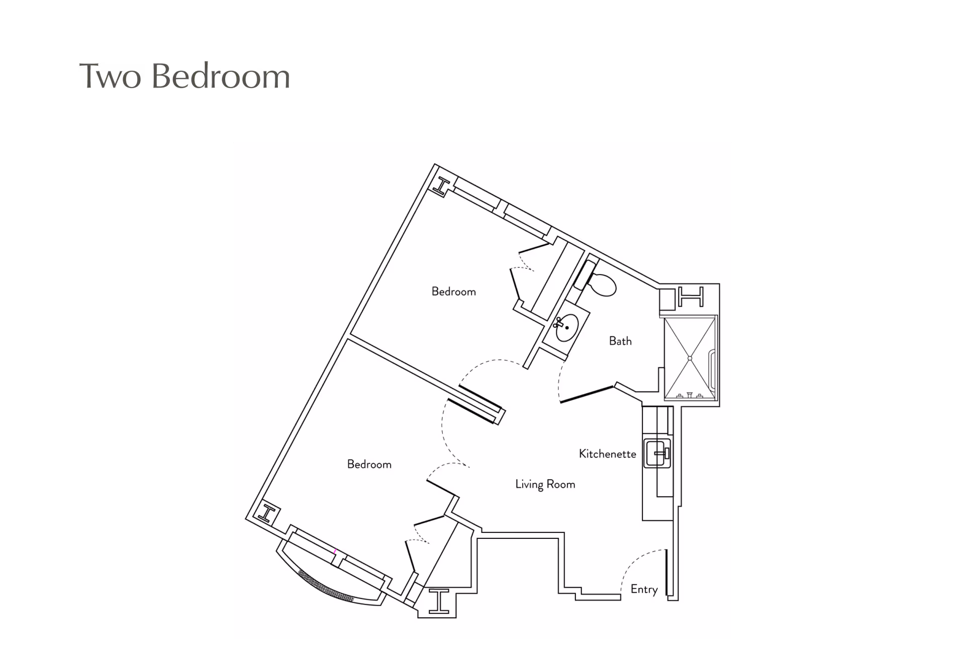 Floor plan of a two-bedroom apartment showing two bedrooms, a bath, kitchenette, living room, and entry area.