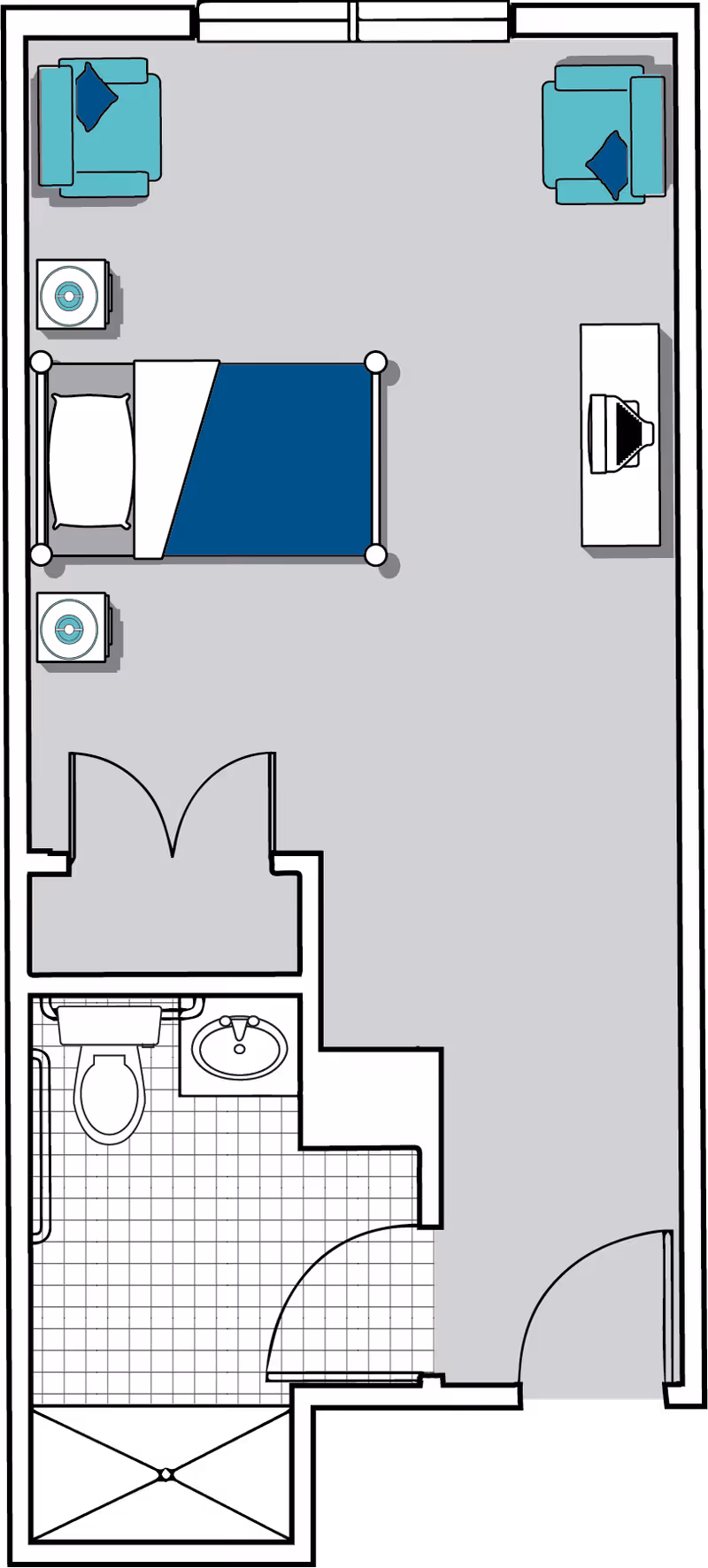 Floor plan of a senior living facility room at Oaks at Ellijay showing a bedroom area with a bed, two nightstands, two armchairs, and a dresser with a TV. The room also includes a bathroom with a toilet, sink, and bathtub.