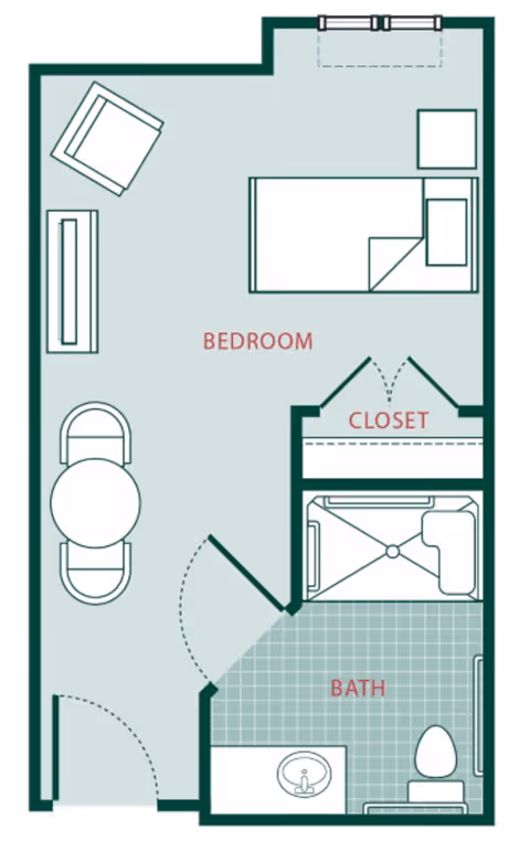 Floor plan of a small living space labeled Ortega Gardens, showing a bedroom area with a bed, chair, table with two chairs, a closet, and a bathroom with a sink, toilet, and shower.