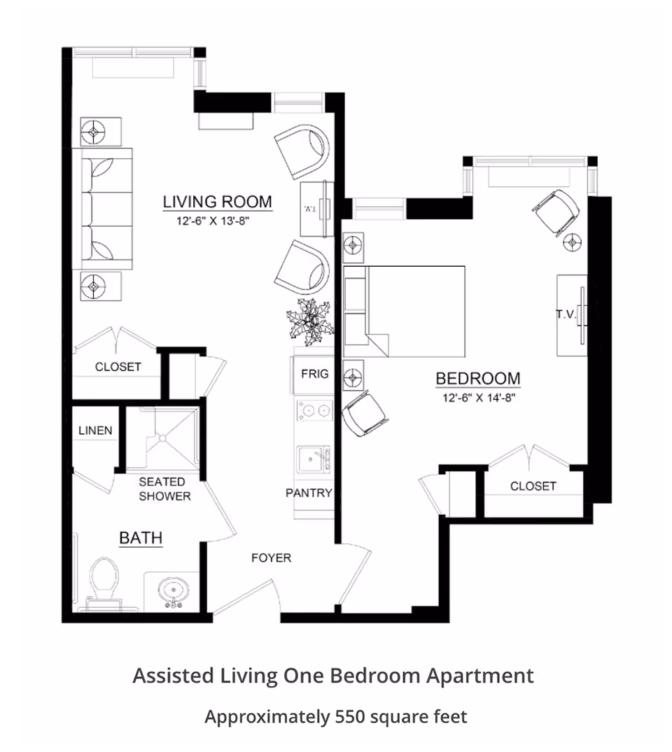 Black-and-white floor plan for an assisted living one-bedroom apartment showing a living room, bedroom, bathroom with seated shower, kitchen/pantry, closets and foyer, labeled approximately 550 square feet.