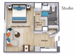 Floor plan of a studio apartment at The Woodmark at Sun City showing a combined living room and bedroom area with a bed, sofa, and table. The layout includes a kitchen near the entry, a walk-in closet, linen closet, hall closet, and a bathroom with a shower and toilet.