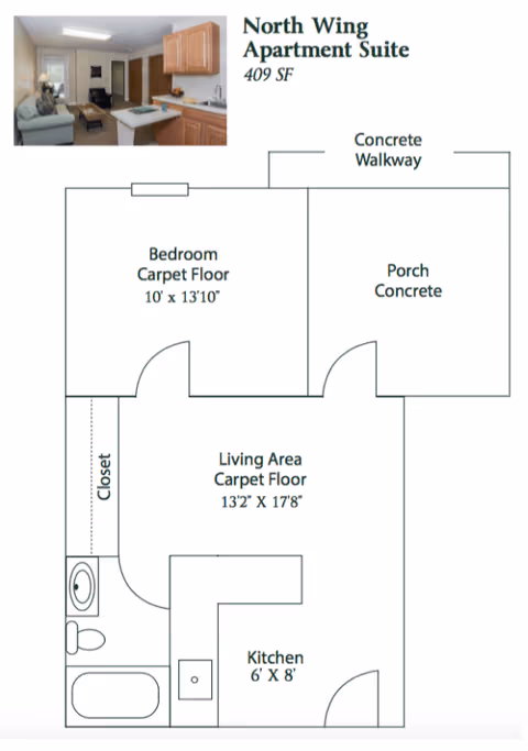 Floor plan of the North Wing Apartment Suite at Twin Oaks Estate showing a bedroom with carpet floor measuring 10 by 13 feet 10 inches, a living area with carpet floor measuring 13 feet 2 inches by 17 feet 8 inches, a kitchen measuring 6 by 8 feet, a bathroom with bathtub and toilet, a closet, and a concrete porch with a concrete walkway. There is also a small inset photo of the apartment's interior showing a living room area with a couch, coffee table, and kitchen cabinets.