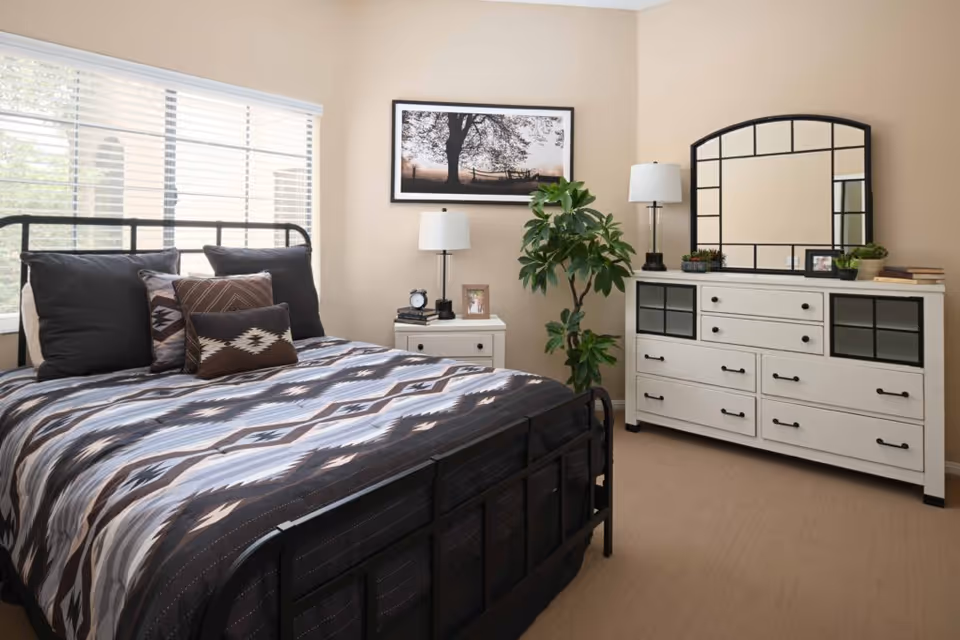 A neatly made bed with patterned bedding and multiple pillows in a bedroom. Next to the bed is a white nightstand with a lamp, alarm clock, and a framed photo. A large white dresser with black handles and a matching mirror stands against the wall, decorated with small plants and books. A large window with blinds lets in natural light, and a framed picture of a tree hangs on the beige wall. A green potted plant is placed between the nightstand and dresser.