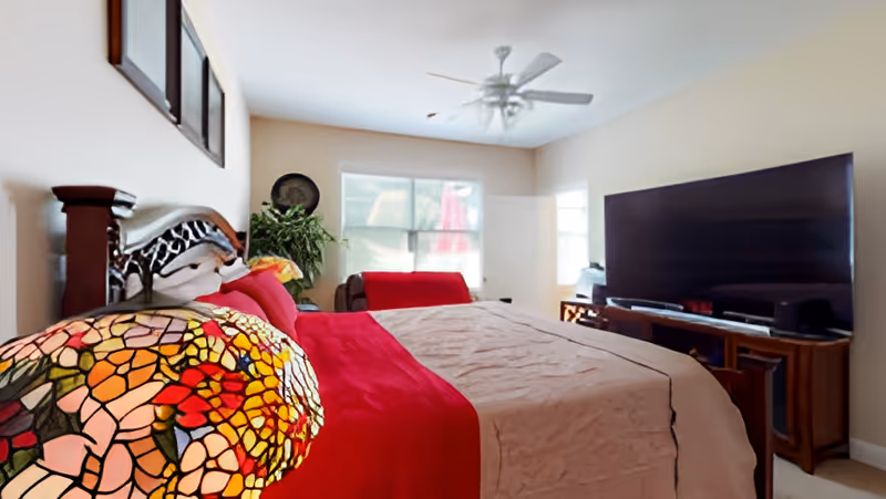 Sunlit bedroom with a large bed dressed in red and neutral linens, a stained-glass bedside lamp, ceiling fan, TV and windows in the background.