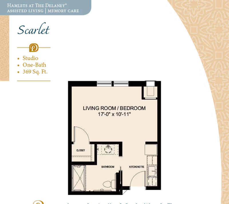 Floor plan of a studio apartment named Scarlet at Hamlets at The Delaney assisted living and memory care. The layout includes a combined living room and bedroom measuring 17 feet by 10 feet 11 inches, a bathroom with a shower, toilet, and sink, a closet, and a kitchenette area.