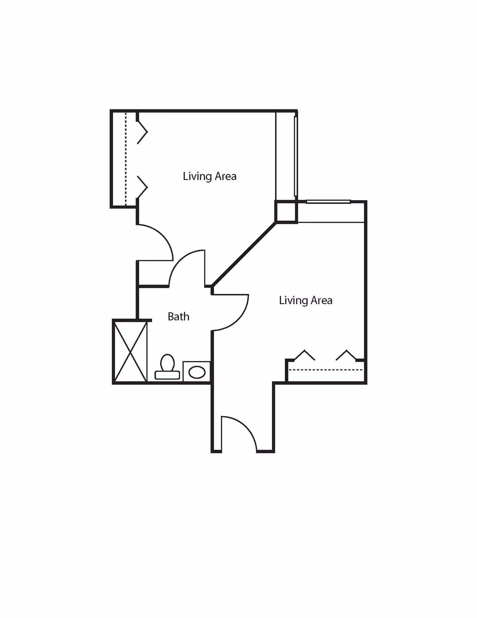 Architectural floor plan showing two living areas and a bathroom with a shower, toilet, and sink.