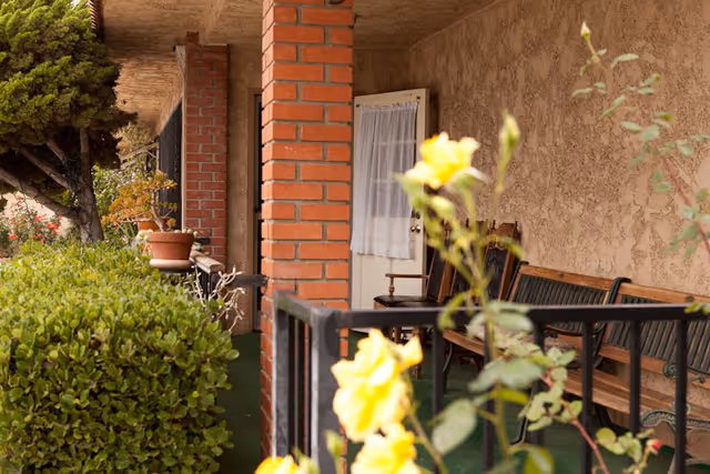 A covered outdoor patio area with brick columns, wooden benches, potted plants, and yellow flowers in the foreground. The patio has a green floor and a textured beige wall with a white door featuring a curtain.