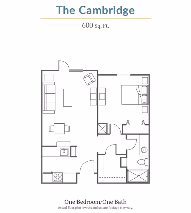 Floor plan of The Cambridge, a 600 square feet one bedroom, one bathroom apartment layout showing a living room with sofa and chair, dining area, kitchen, bedroom with bed and nightstands, bathroom with shower and toilet, and closets.