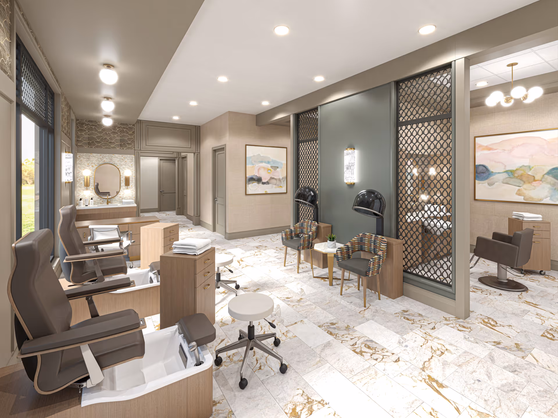 Bright, modern salon interior with pedicure chairs, hair stations, hooded dryers and seating on a marble-look floor.