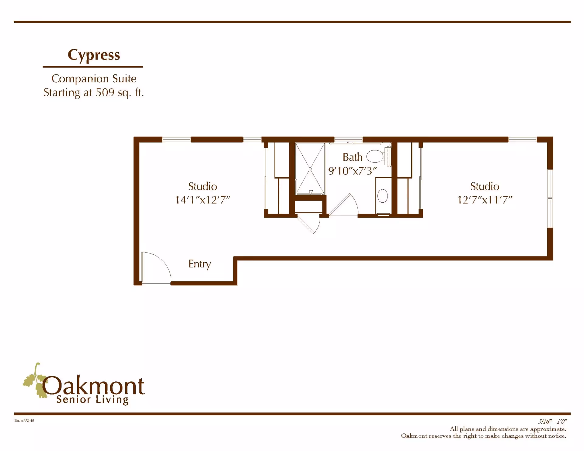 Floor plan for the Cypress companion suite at Oakmont Senior Living, showing two studio rooms measuring 14'1"x12'7" and 12'7"x11'7", an entry area, and a bathroom measuring 9'10"x7'3" located between the two studios.