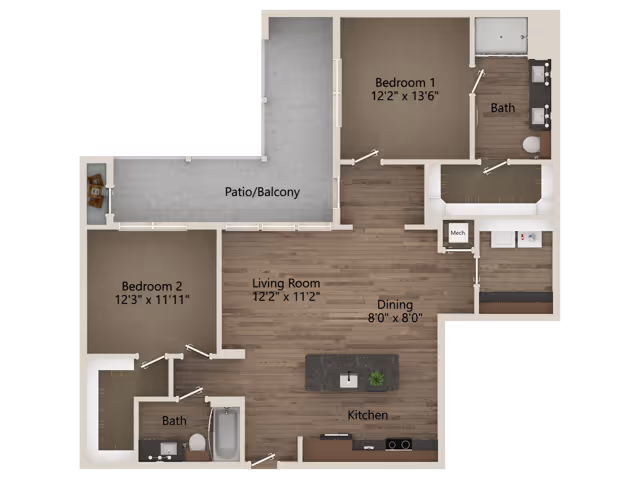 Top-down floor plan of a two-bedroom, two-bathroom apartment showing a kitchen, living and dining areas and a patio/balcony.