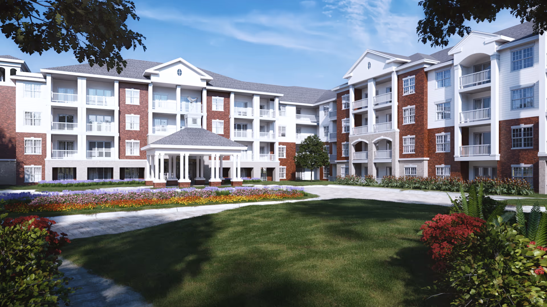 Exterior view of Jubilation by Silver Companies senior living building with brick facade and balconies.