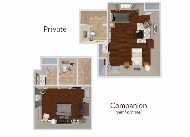 Floor plan layout showing two types of rooms labeled Private and Companion (semi-private). The Private room includes a bedroom area with a bed, chair, TV, and a private bathroom. The Companion room has two beds, a shared bathroom, and a small living area.