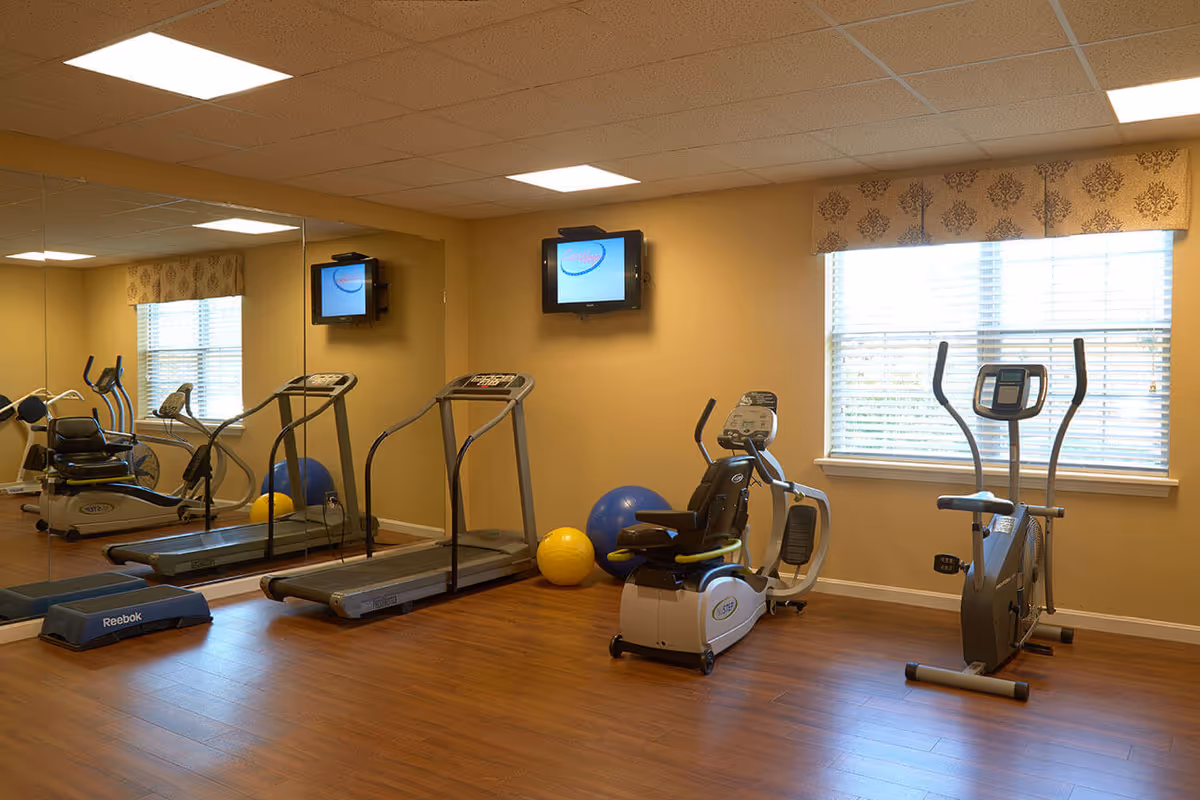 A small fitness room with wooden flooring, featuring a treadmill, a recumbent exercise bike, an elliptical machine, two exercise balls (one blue and one yellow), a wall-mounted TV, and a large mirror covering one wall. A window with blinds and a patterned valance lets in natural light.