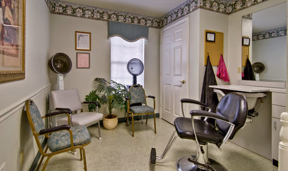 Small salon room with a styling chair, hooded hair dryers, several waiting chairs, a mirror and a potted plant.