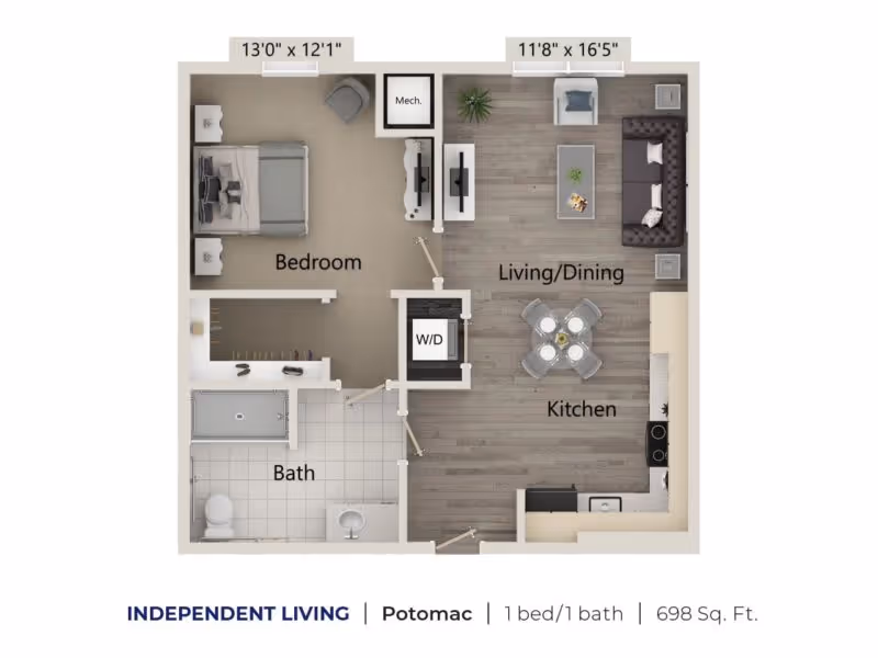 Floor plan of an independent living unit named Potomac at Harper’s Station Gainesville, showing a 1 bedroom, 1 bathroom layout with a combined living and dining area, kitchen, and a washer/dryer closet. The bedroom measures 13 feet by 12 feet 1 inch, and the living/dining area measures 11 feet 8 inches by 16 feet 5 inches.