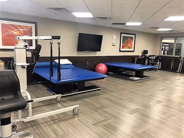 A rehabilitation room with two blue therapy tables, a red exercise ball, a black chair lift, a wall-mounted TV, framed artwork, and several walkers lined up against the wall.