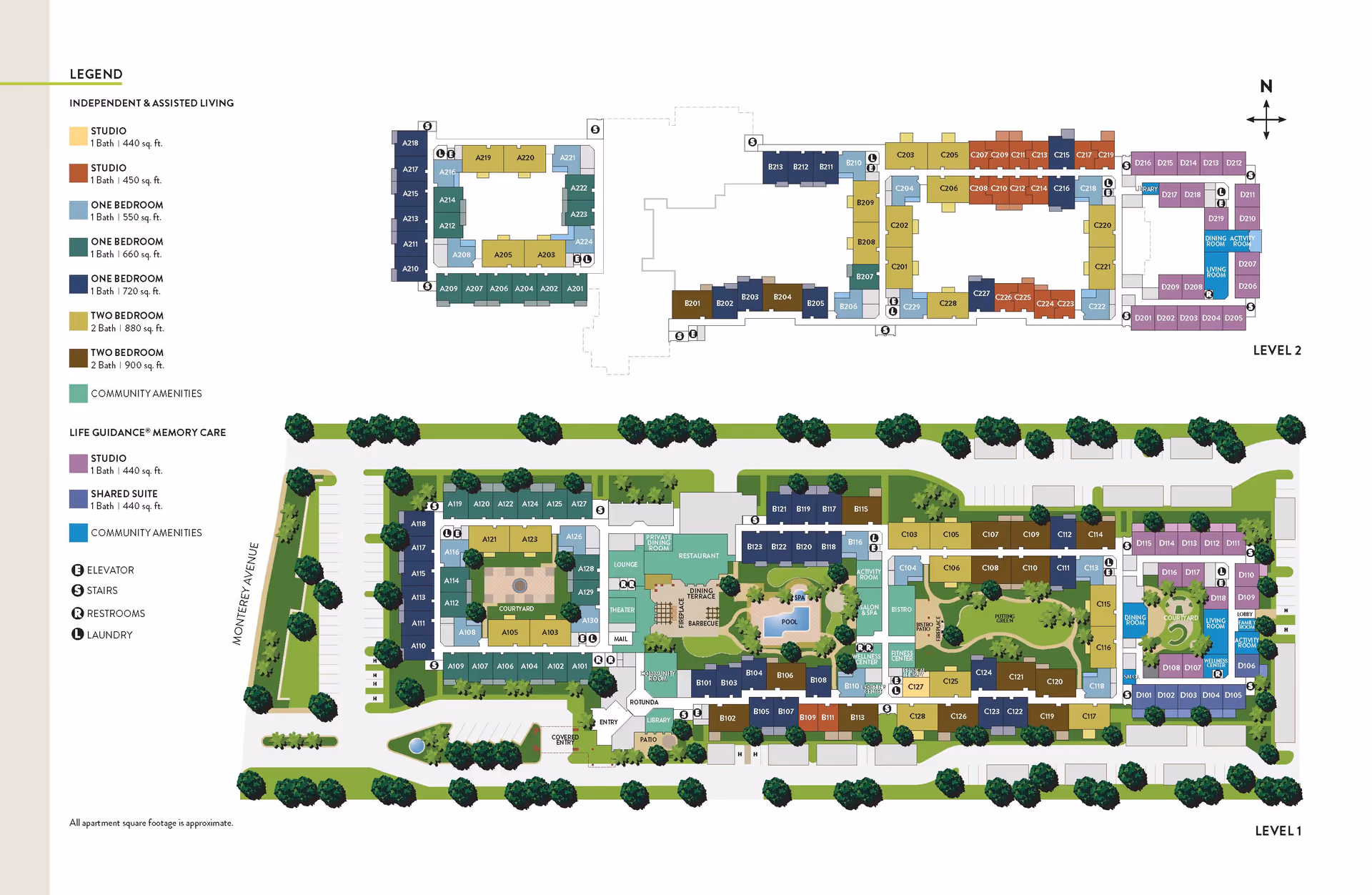 Floor plan of Atria Hacienda senior living facility showing two levels with various apartment types including studios, one-bedroom, and two-bedroom units. The plan highlights community amenities such as a restaurant, lounge, pool, courtyard, library, and activity rooms. The layout includes elevators, stairs, restrooms, and laundry areas, with color-coded sections for independent and assisted living as well as memory care. The map is oriented with north at the top and includes surrounding landscaping and parking areas.