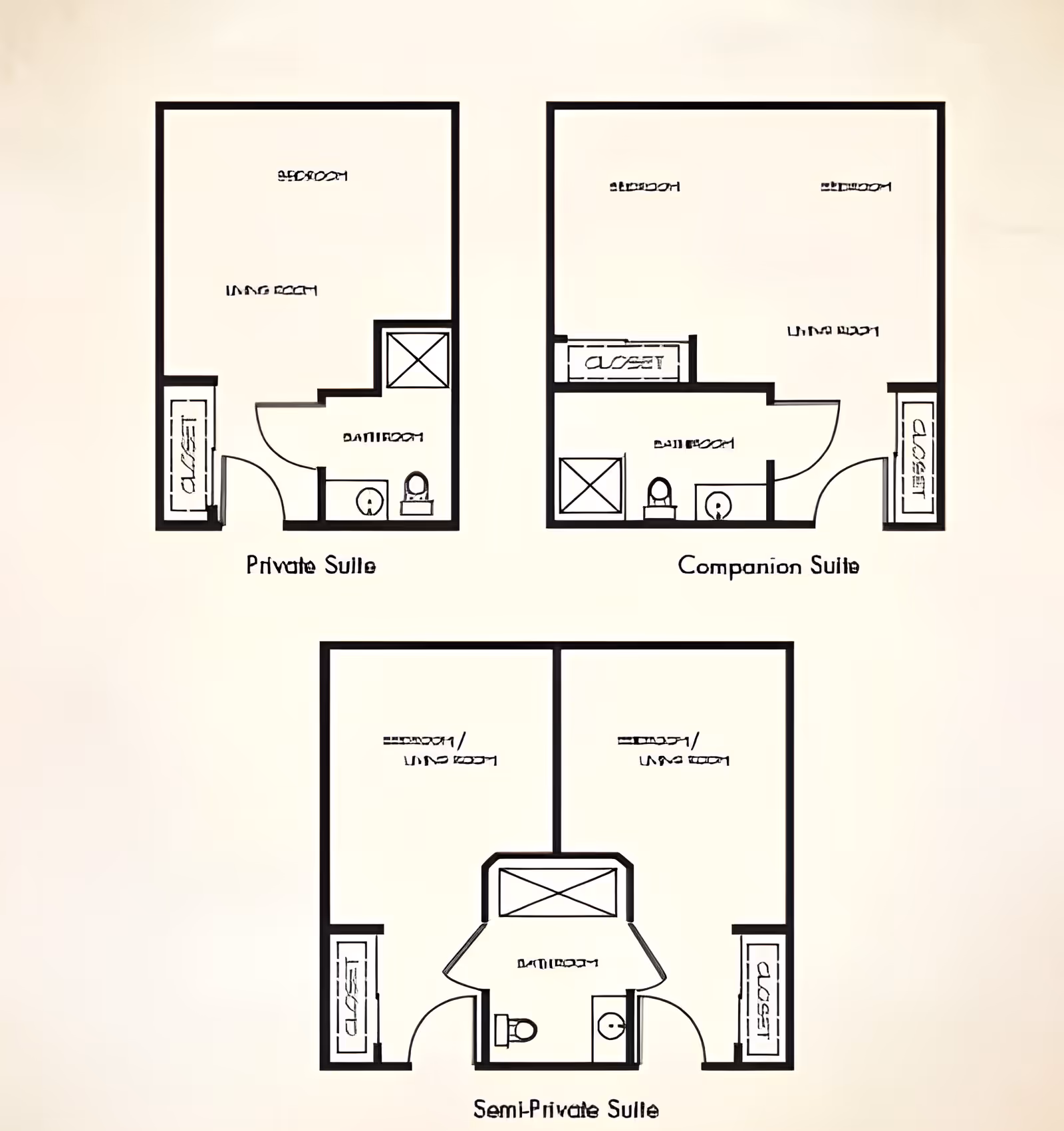Architectural floor plans showing three types of suites at Azalea Gardens Assisted Living & Memory Care: Private Suite, Companion Suite, and Semi-Private Suite. Each layout includes labeled areas for living room, bedroom, bathroom, and closet.