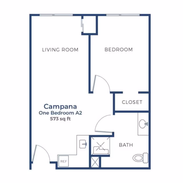 Floor plan of a one-bedroom apartment named Campana, with 573 square feet. The layout includes a living room, bedroom, closet, bathroom with a sink and toilet, and a kitchen area with a refrigerator.