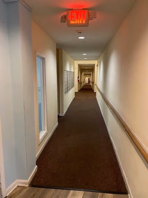 Long carpeted hallway with handrails on the right, mailboxes on the left and an illuminated EXIT sign overhead.