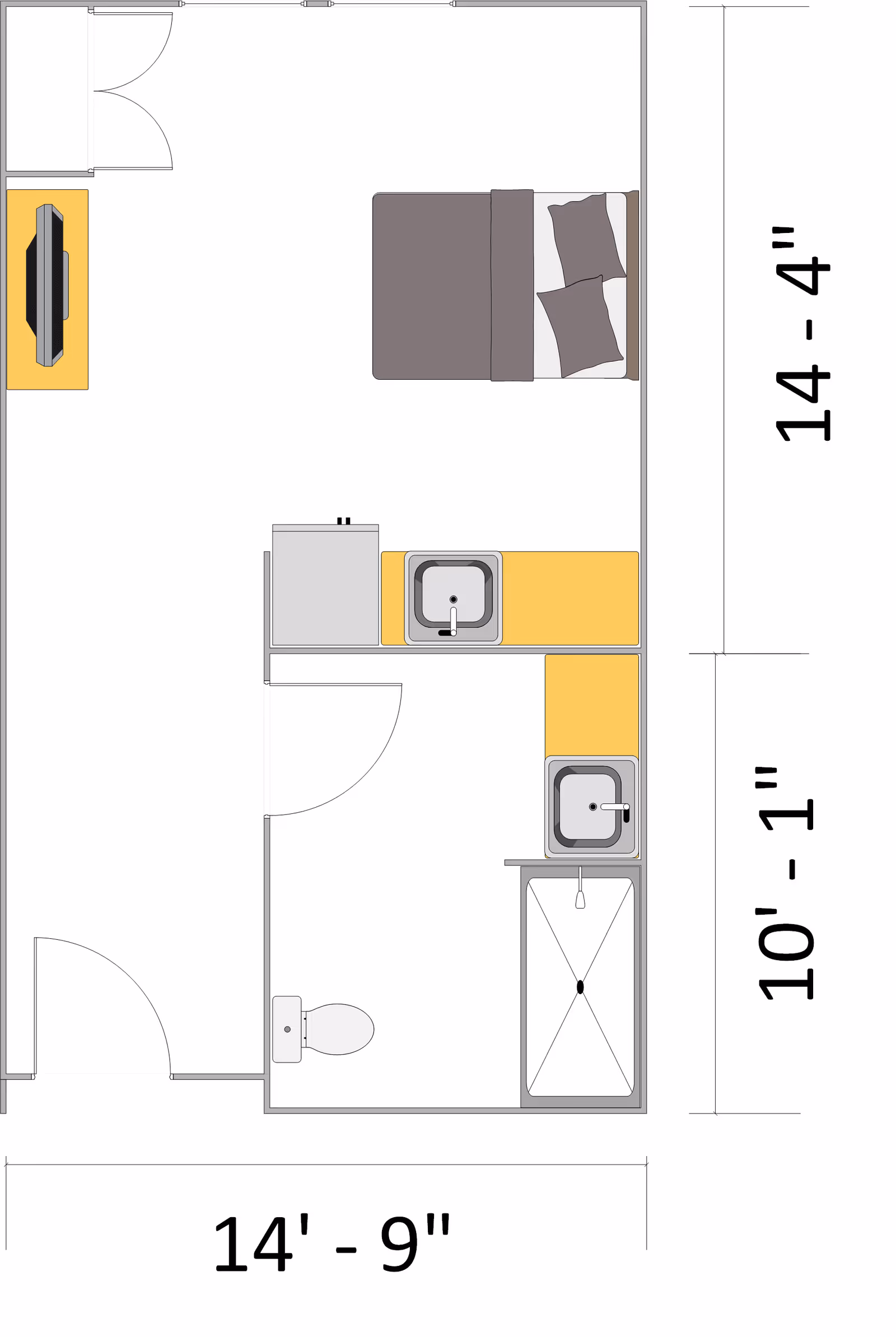 Floor plan of a small living space featuring a bedroom area with a bed and TV, a kitchenette with two sinks and a stove, and a bathroom with a toilet and bathtub. Dimensions of the space are labeled as 14 feet 9 inches by 14 feet 4 inches, with the bathroom area measuring 10 feet 1 inch.