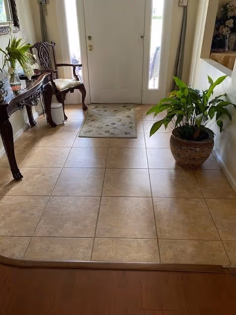 Entryway with a white front door, a small decorative rug, a wooden chair with a cushion, a wooden console table with a plant and decorative items, and a large potted plant on the tiled floor.