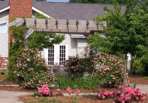 Front exterior of a senior living facility featuring a wooden pergola and blooming roses.