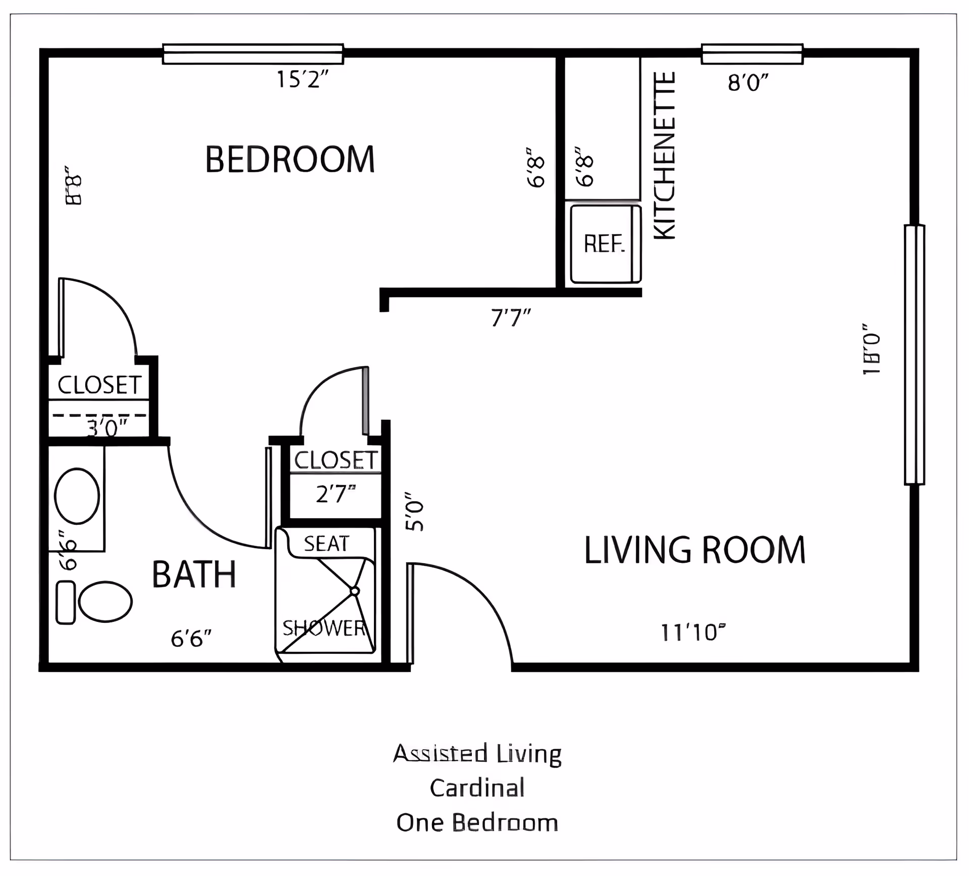 Black-and-white floor plan of a one-bedroom assisted living unit labeled 'Cardinal' showing bedroom, living room, kitchenette, bathroom, closets, and measurements.