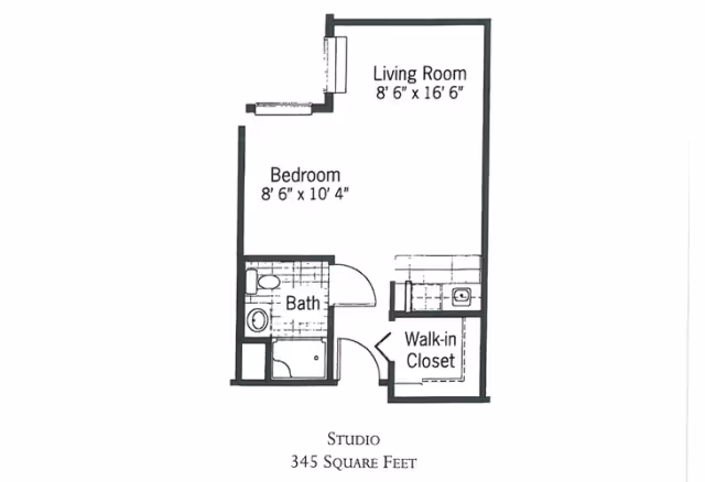Floor plan of a studio apartment at Charter Senior Living of Rockford showing a living room measuring 8 feet 6 inches by 16 feet 6 inches, a bedroom measuring 8 feet 6 inches by 10 feet 4 inches, a bathroom, and a walk-in closet. The total area is 345 square feet.