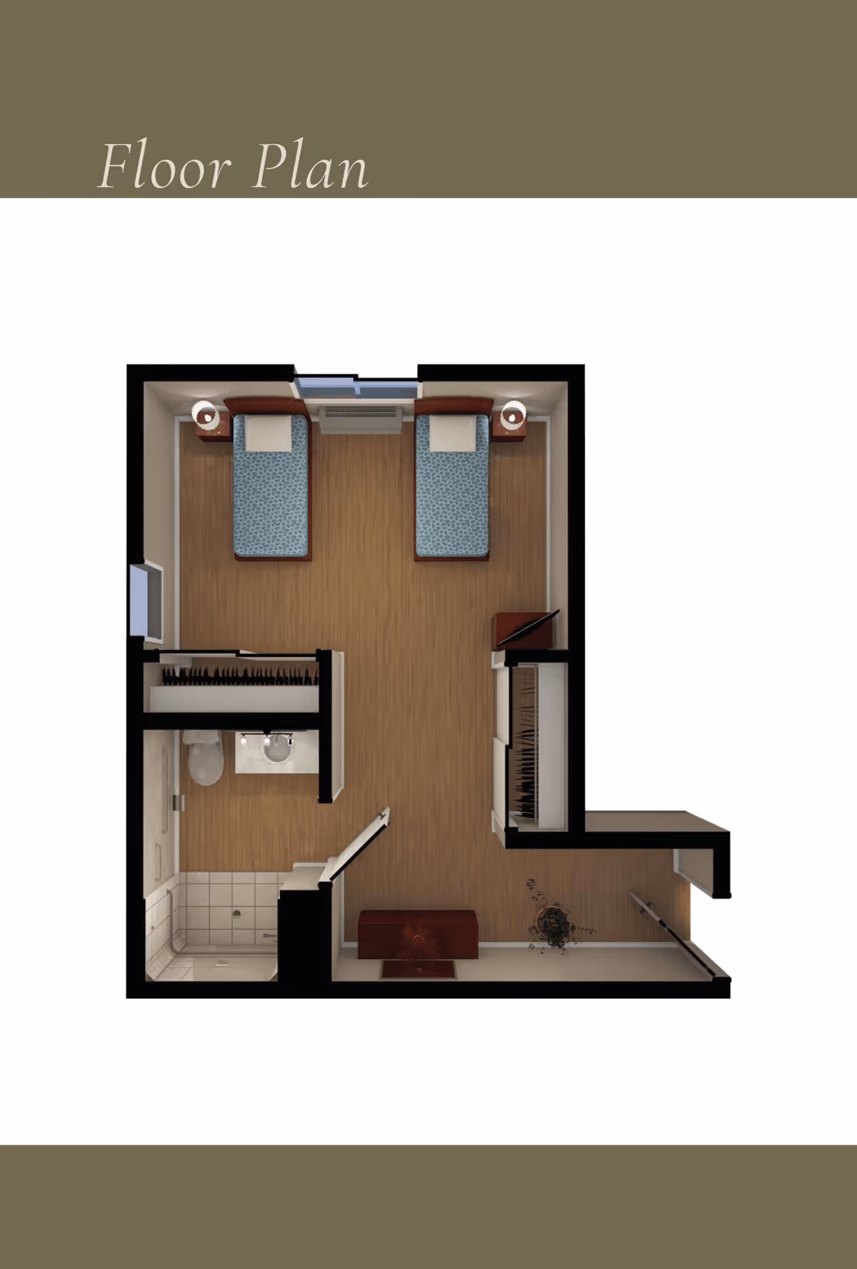 3D floor plan of a senior living unit featuring two single beds with nightstands, a bathroom with a shower, toilet, and sink, a closet, and an entry area with a bench and a plant.