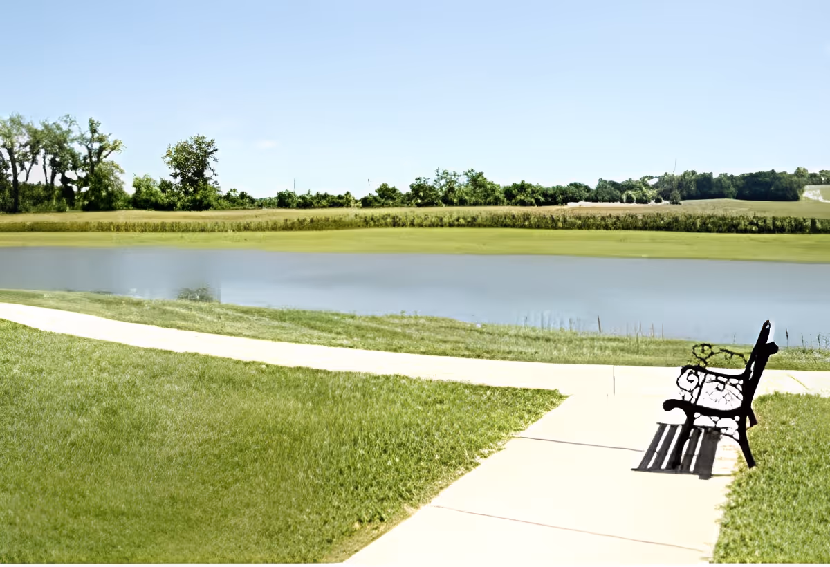 A peaceful outdoor scene featuring a black metal bench on a concrete pathway beside a small pond, with green grass and trees in the background under a clear blue sky.