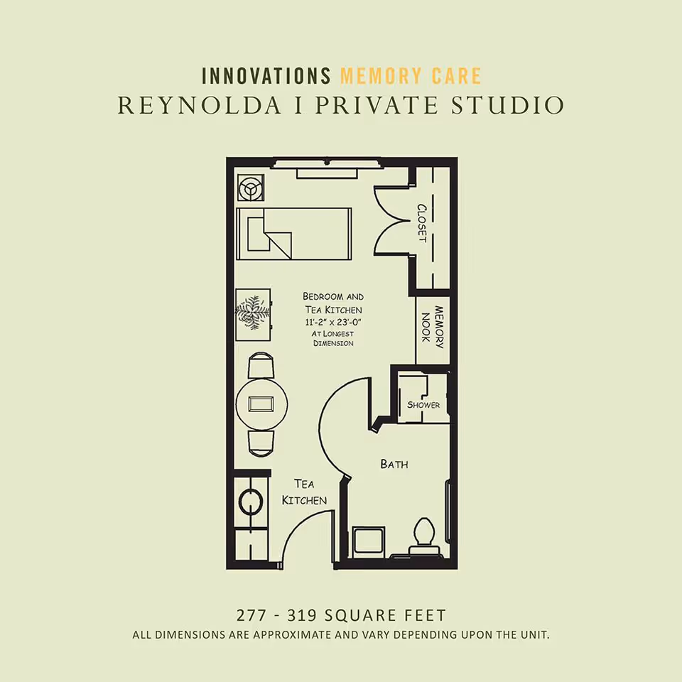 Floor plan of Reynolda I Private Studio at RoseWood Village Assisted Living and Memory Care - Hollymead, showing a bedroom and tea kitchen area, a closet, a memory nook, and a bathroom with a shower. The studio measures approximately 277 to 319 square feet.