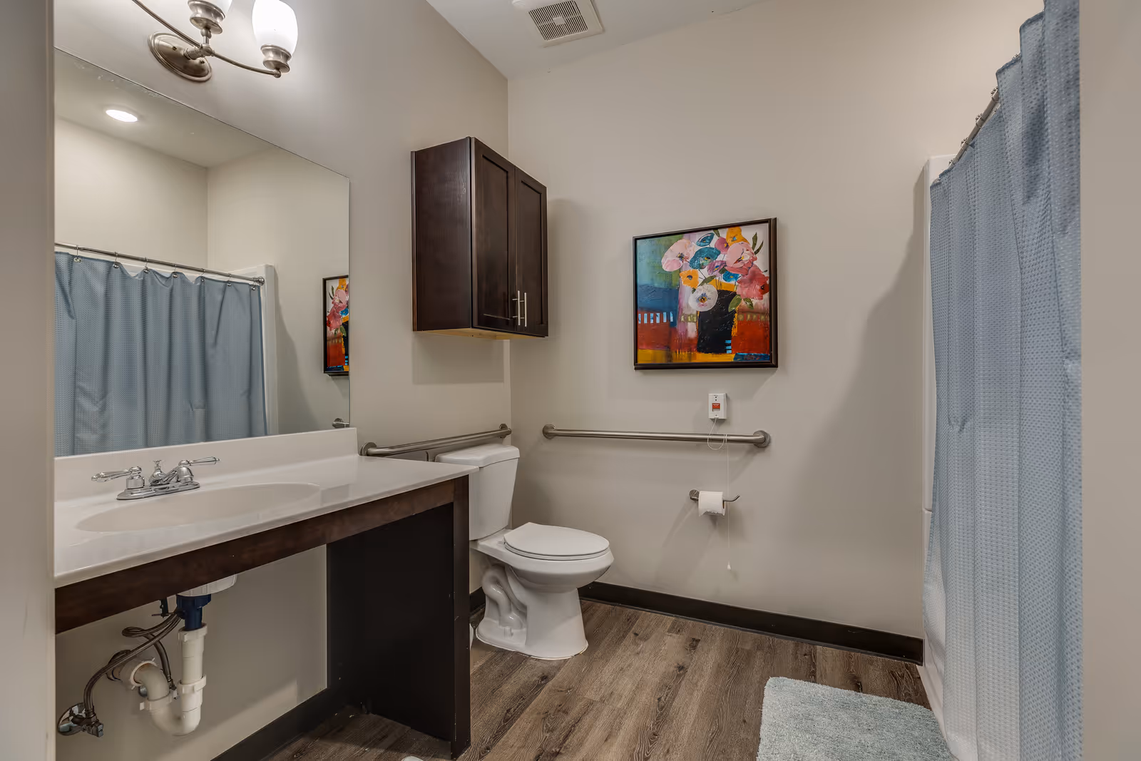 Accessible bathroom with sink and vanity, toilet with grab bars, shower with a blue curtain, and colorful wall art.