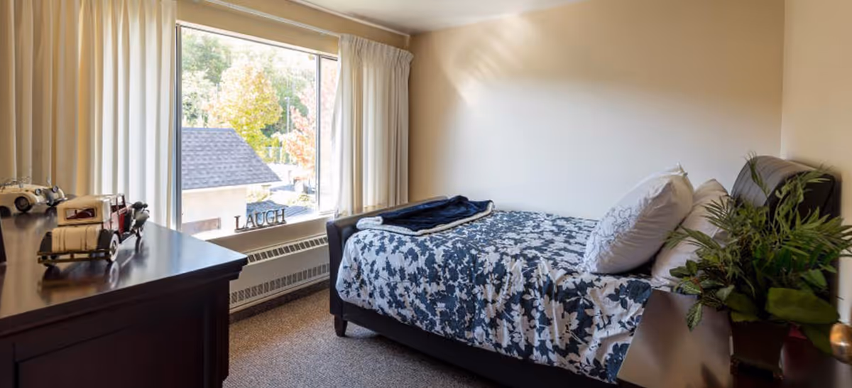 Small furnished bedroom with a single bed, patterned bedding, a dresser, window with curtains, and decorative items including a plant.