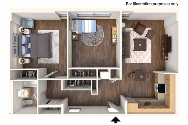 Top-down view of a furnished apartment floor plan showing a bedroom with a bed and nightstands, a smaller room with a single bed and a round rug, a bathroom with a sink and toilet, a living room area with a sofa, armchair, coffee table, TV, and a dining table, and a kitchen with appliances and cabinetry.