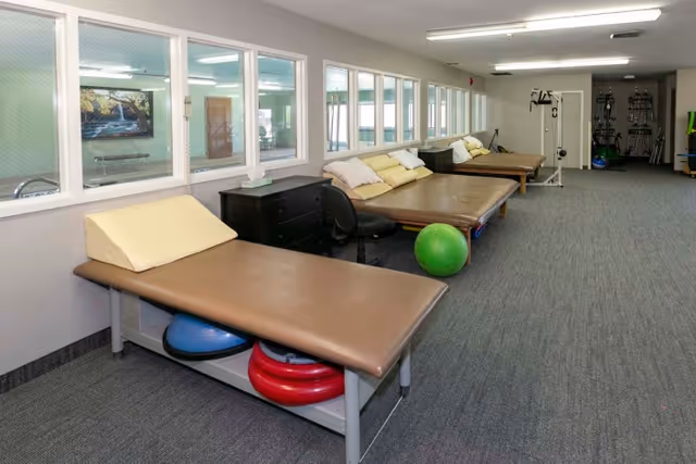 Long therapy/exercise room with multiple treatment tables, pillows, and colorful exercise balls beside windows.