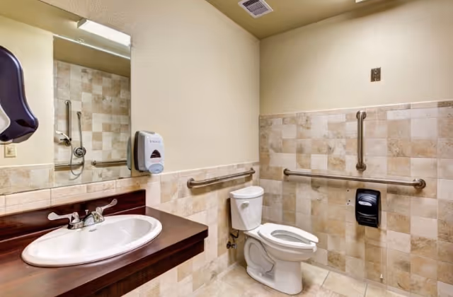 Accessible bathroom with beige tiled walls and floor, featuring a white toilet with grab bars on both sides and behind it, a white sink with a dark wooden countertop, a wall-mounted soap dispenser, and a large mirror above the sink.