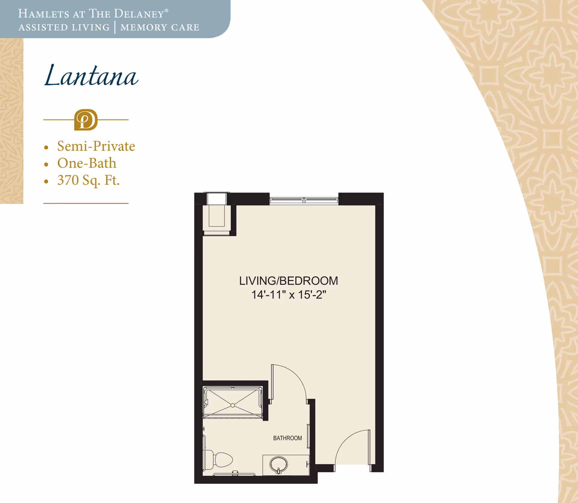 Floor plan of a semi-private assisted living unit named Lantana at Hamlets at The Delaney, featuring one bathroom and a combined living/bedroom area measuring 14 feet 11 inches by 15 feet 2 inches, totaling 370 square feet.