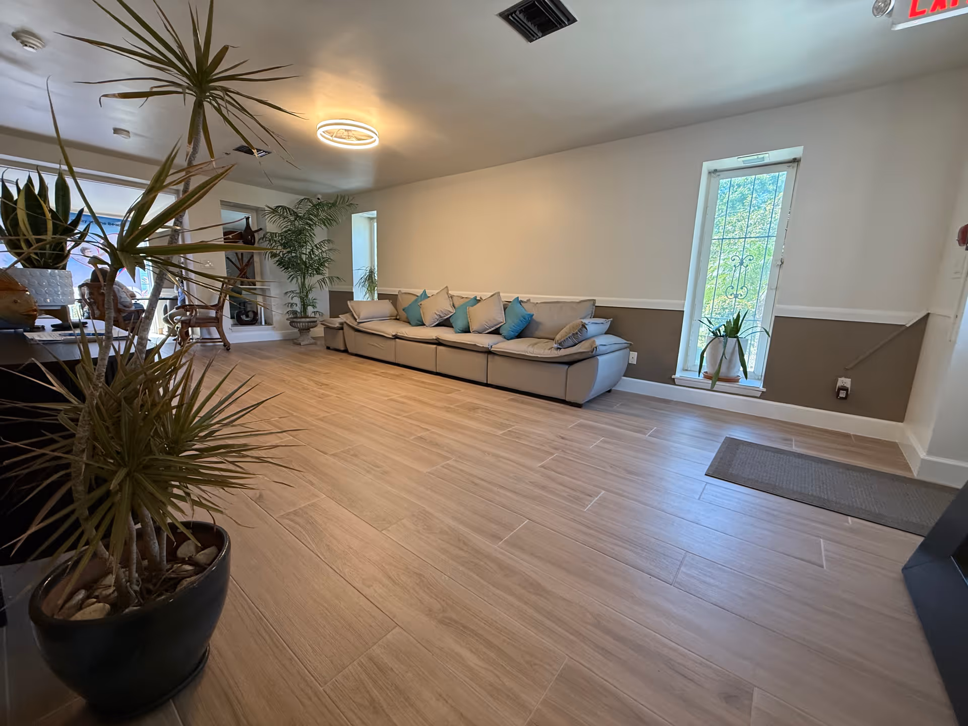 A spacious, well-lit living room area with a long beige sofa adorned with blue and beige cushions along one wall. There are several potted plants, including a tall one in the foreground and another near the sofa. The room has light wood flooring, a modern circular ceiling light, a narrow window with decorative bars, and an exit sign above a door.