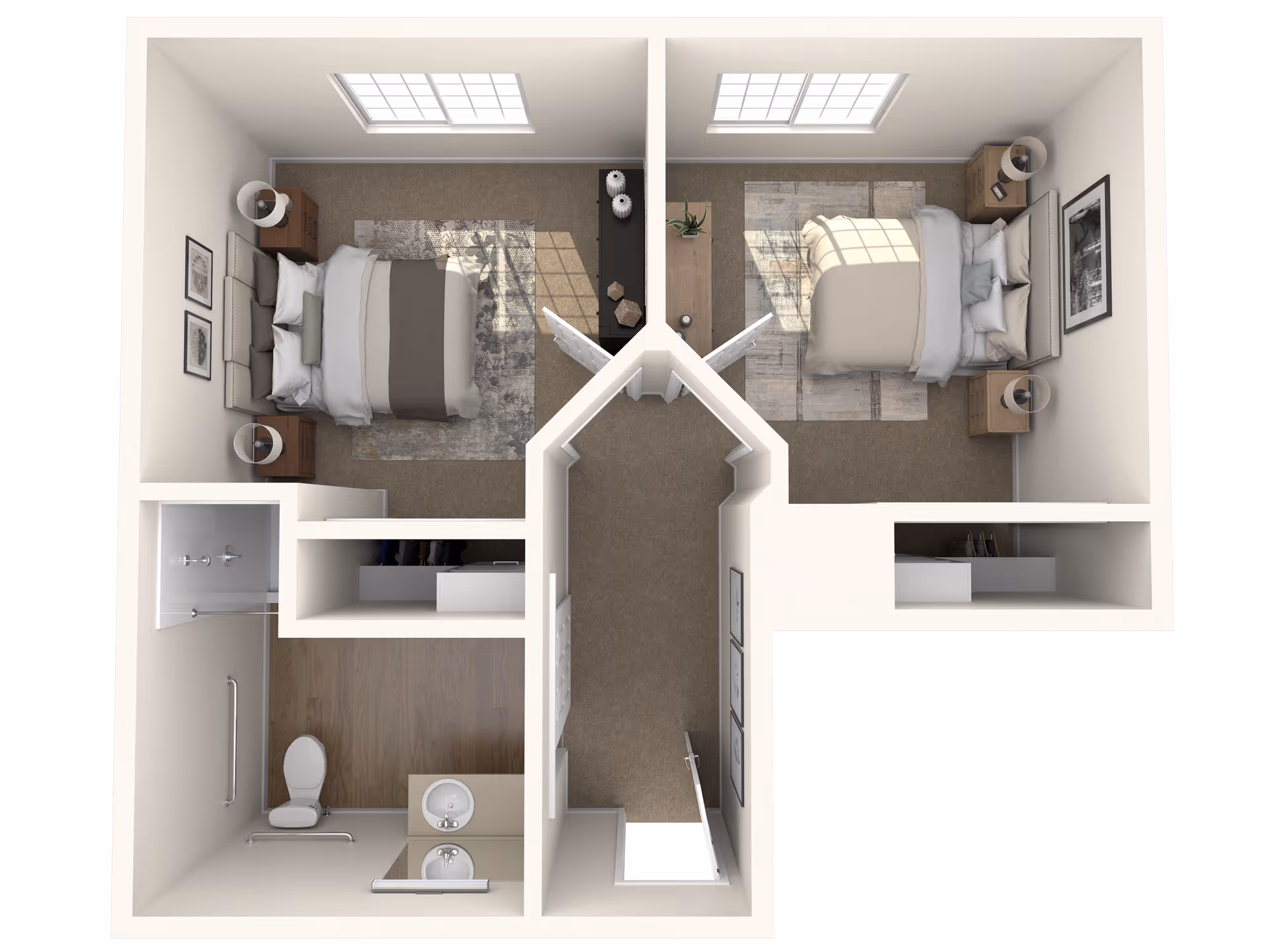 Top-down view of a two-bedroom apartment floor plan featuring two bedrooms with beds, nightstands, and windows. The layout includes a bathroom with a toilet, sink, and shower, and a hallway connecting the rooms.