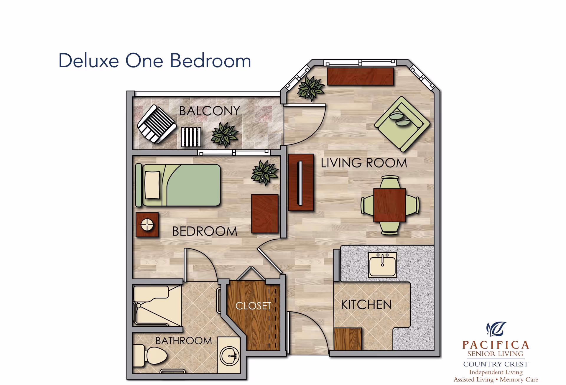Floor plan of a deluxe one-bedroom apartment at Country Crest Senior Living, showing a bedroom with a bed and nightstand, a bathroom with a toilet and shower, a closet, a kitchen with a sink and counter space, a living room with a chair, table, and TV stand, and a balcony with a chair and small table.