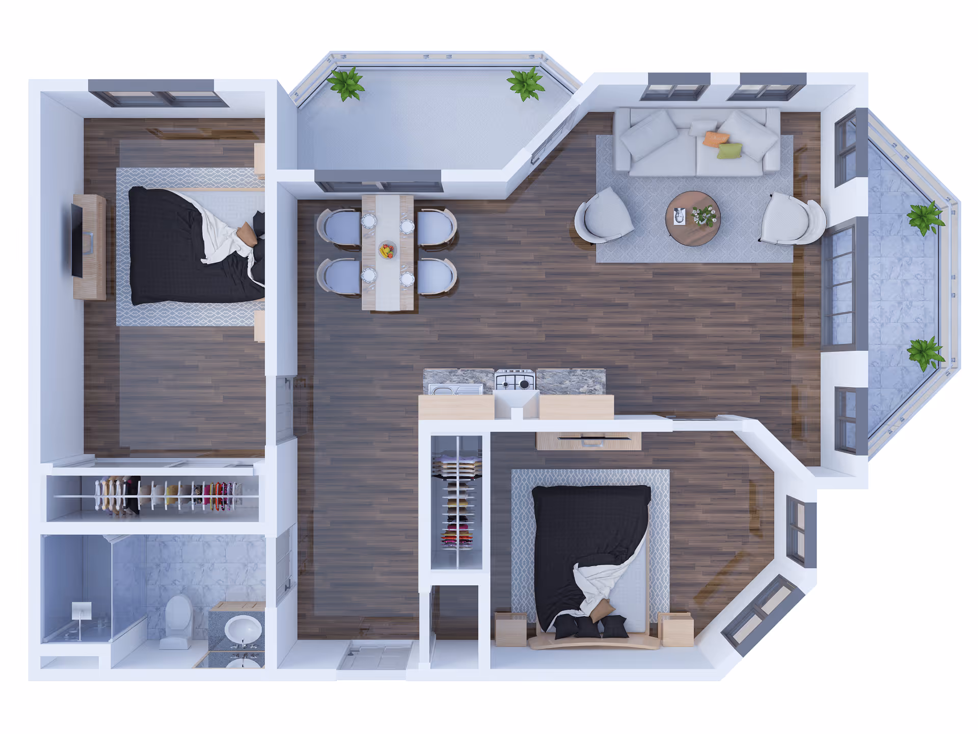Top-down view of a senior living apartment floor plan featuring two bedrooms, a bathroom, a kitchen area, a dining table with four chairs, a living room with a sofa and two armchairs, and a balcony with plants.