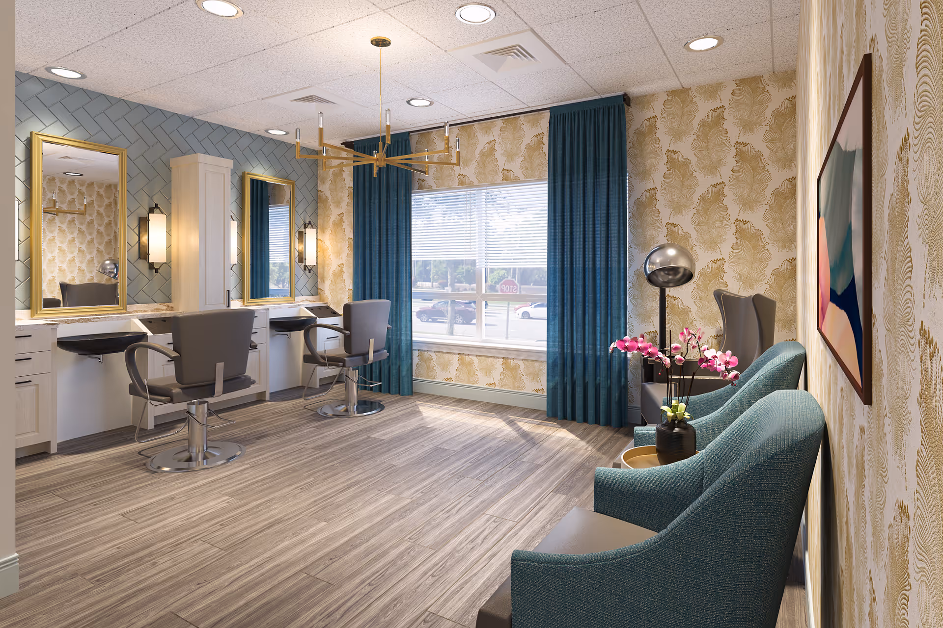 Interior view of a stylish salon area in Mangrove Bay facility featuring two salon chairs in front of mirrors with sinks, a window with blue curtains, patterned wallpaper, a modern chandelier, and a seating area with teal armchairs and a side table with a flower vase.